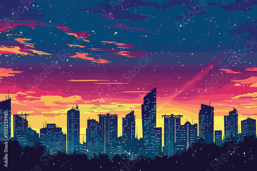 Vector Night city with sun illustration 