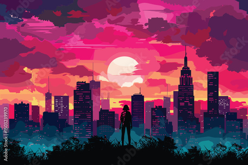 Vector Night city with sun illustration 