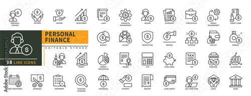 Minimalist Personal Finance line icon set with editable stroke, featuring savings, income, investment, loan, budget, profit, insurance, assesment, expenses, income, deposit, salary, tax. illustration.