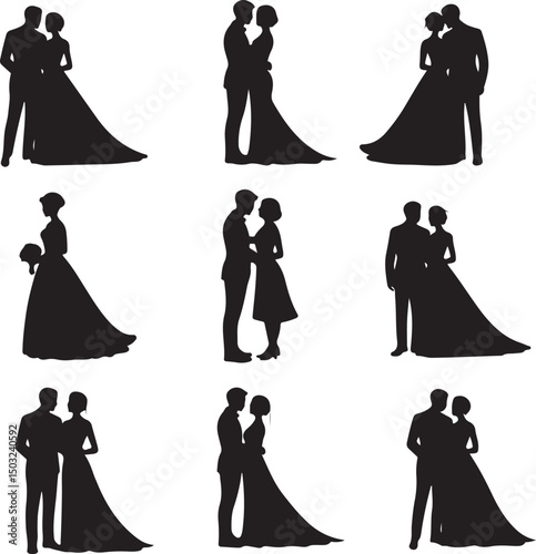 Bride and Groom Wedding Silhouette

Just Married Couple Vector Art

Elegant Wedding Moment Illustration

Romantic Bride & Groom Pose

Classic Wedding Couple Silhouette