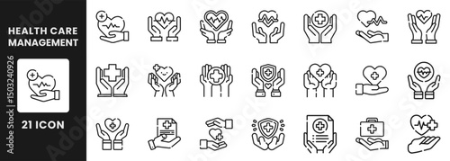Set of line icons related to healthcare, health care management, medical, medicine, icons, illustrations, line art, hand, hands, heart, heart health, vector illustration.