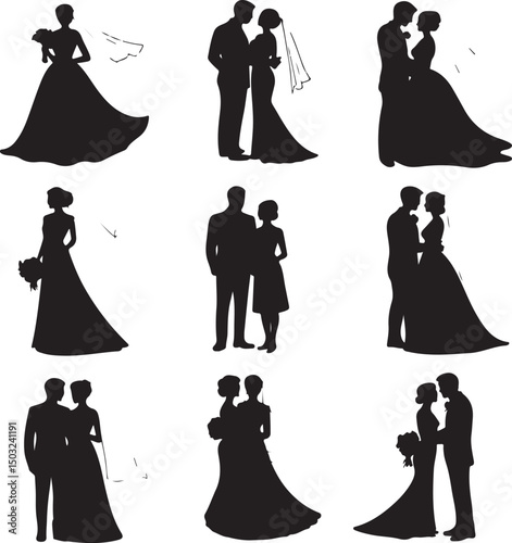 Bride and Groom Wedding Silhouette

Just Married Couple Vector Art

Elegant Wedding Moment Illustration

Romantic Bride & Groom Pose

Classic Wedding Couple Silhouette