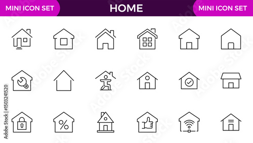 Home and house line icon collection. Real estate, building, key, smart home, family, home loan, rent house and management icon set.