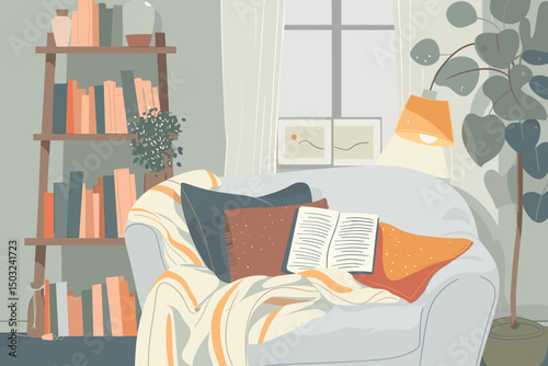 Girl relaxed. Woman home, cat sleep on knee. Young female using smartphone in living room. House garden, domestic plants in relax zone vector concept
