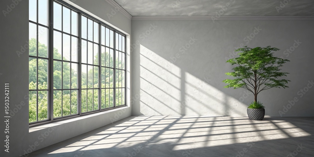 Fototapeta premium Bright Room with Large Window, Tree and Sunlight, minimalist , interior