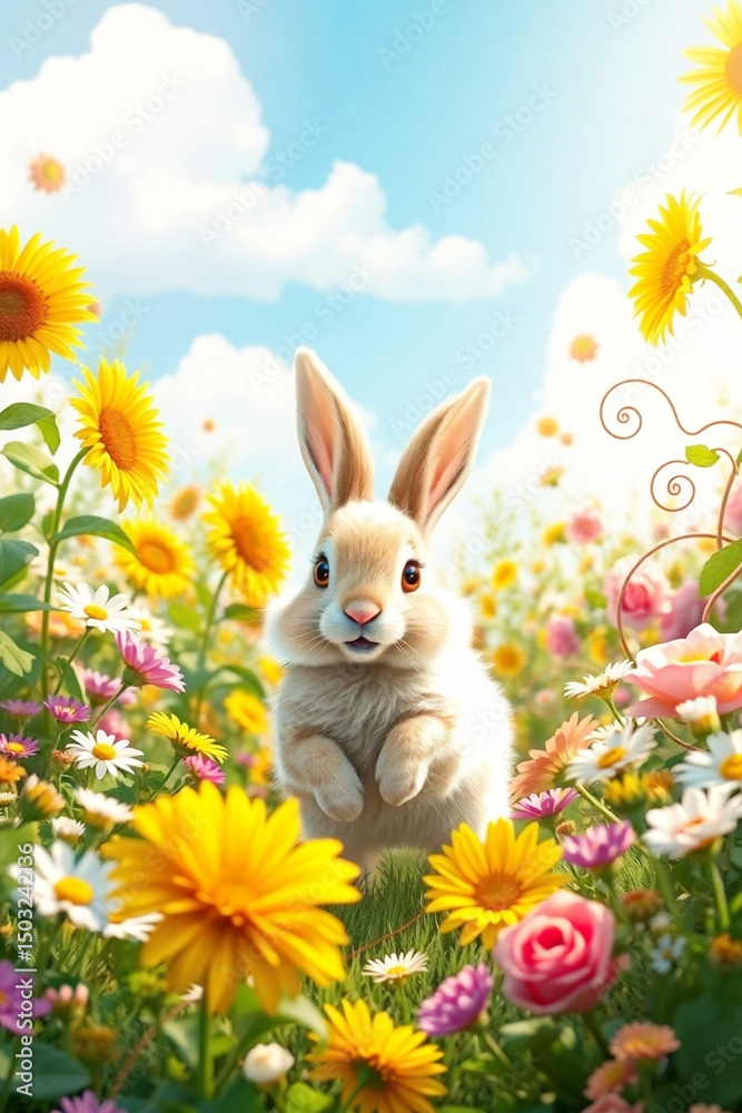 Fototapeta premium Cute Bunny in Sunny Flower Field