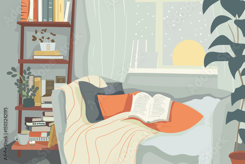Girl relaxed. Woman home, cat sleep on knee. Young female using smartphone in living room. House garden, domestic plants in relax zone vector concept