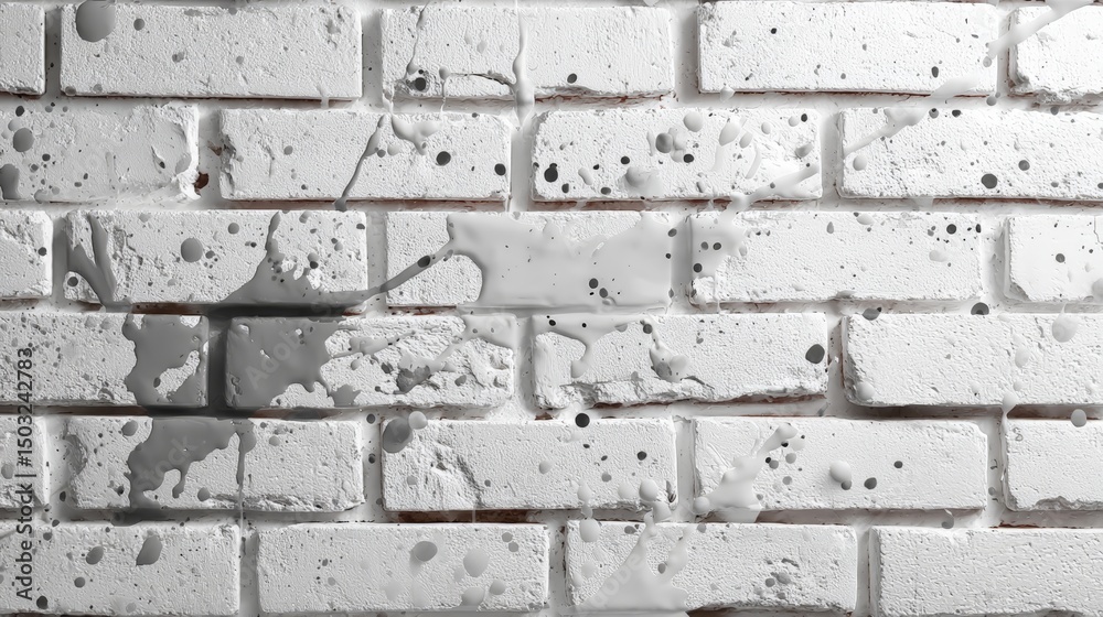 Fototapeta premium Close-up of white brick wall with grey paint splatter