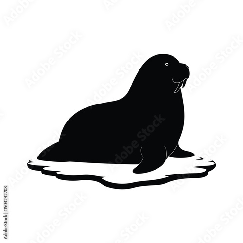 Simple black and white silhouette illustration of a walrus resting on an ice floe