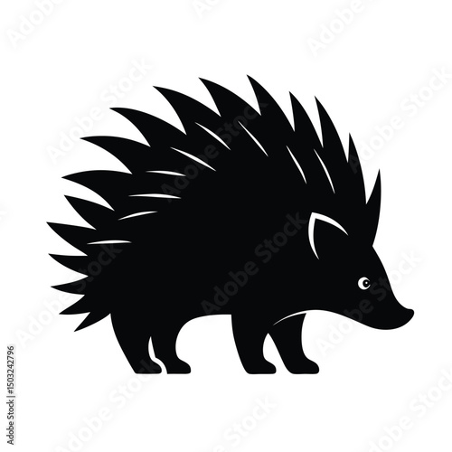 Simple black silhouette of a curious hedgehog with sharp spines and walking stance isolated