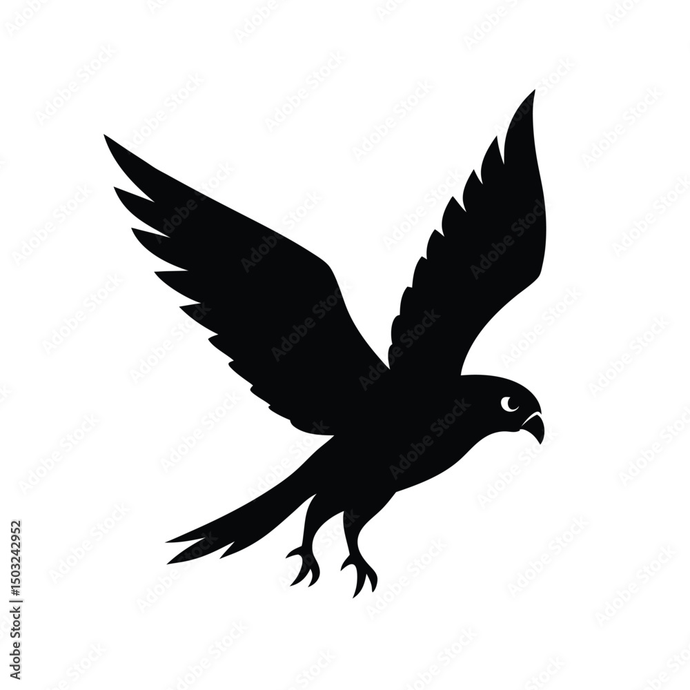 Silhouette of a majestic hawk soaring with outstretched wings against a clean white background Silhouette of a majestic hawk soaring with outstretched wings against a clean white background