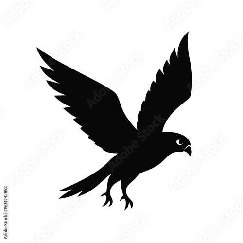 Silhouette of a majestic hawk soaring with outstretched wings against a clean white background