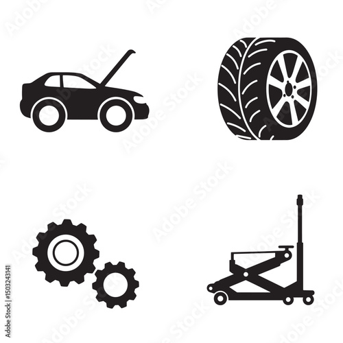 Automotive repair and maintenance icons showing car tire gears and car jack vector illustration
