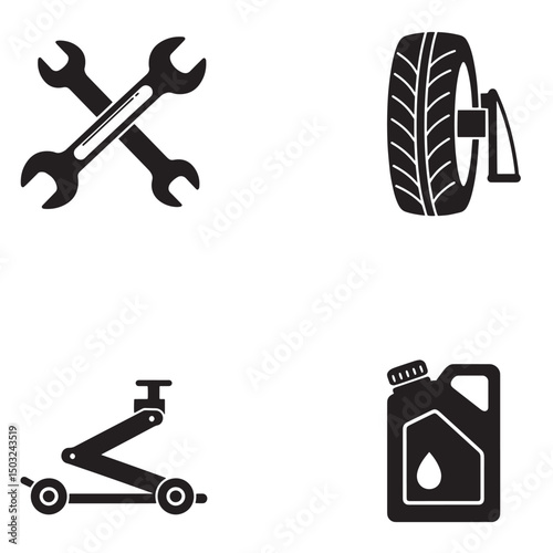 Automotive repair tools and equipment icons in a minimalist black and white style