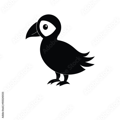 Simple black and white cartoon illustration of a cute atlantic puffin bird resting