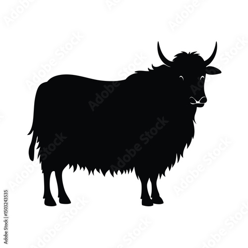 Elegant black silhouette of a yak featuring horns and fur on isolated white background