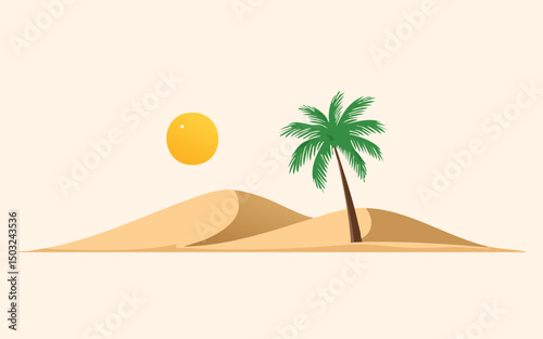 Desert Dunes with Palm Tree and Sun