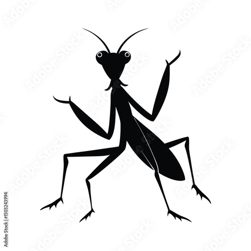 Stylized black silhouette of a praying mantis insect on a clean white background