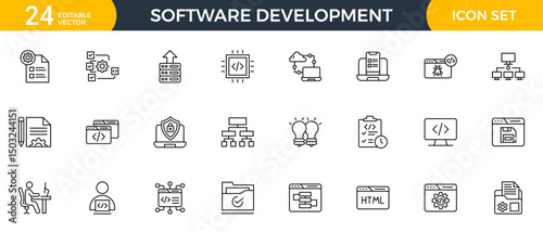 Software development line icon set. Cloud computing, programmer, website, data, bugs, appraisal, feedback, evaluation, goals, metrics, KPI outline icon collection.