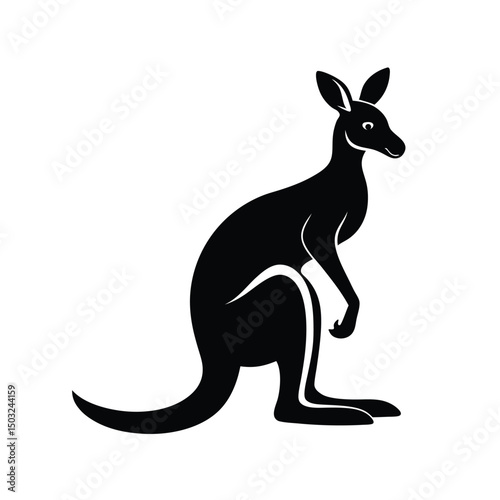 Black and white silhouette of a standing kangaroo isolated on a white background