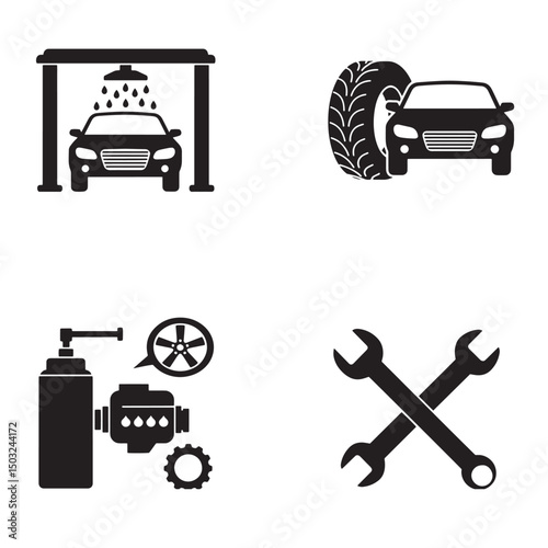 Car maintenance icons depicting washing tire replacement engine repair and spanner tools