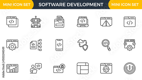 Software development line icon set. Cloud computing, programmer, website, data, bugs, appraisal, feedback, evaluation, goals, metrics, KPI outline icon collection.