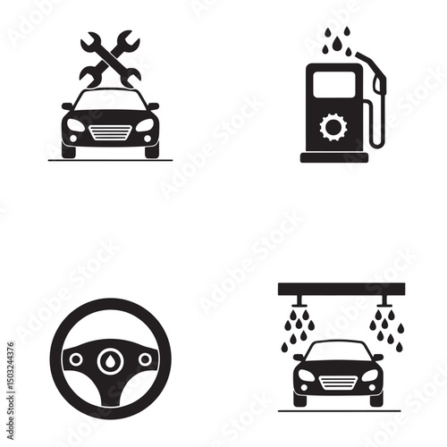 Set of black automotive service icons featuring car repair fueling and car wash illustrations