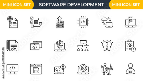 Software development line icon set. Cloud computing, programmer, website, data, bugs, appraisal, feedback, evaluation, goals, metrics, KPI outline icon collection.