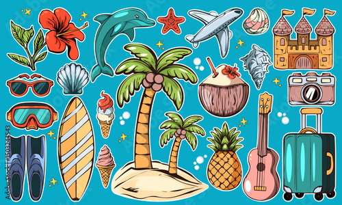 Cartoon summer stickers in retro 90s style. Summer party, vacation, beach season, shore, sun, swimwea, palm. Bright groovy funky summer elements and shapes. Sticker pack of patches, labels, stamps