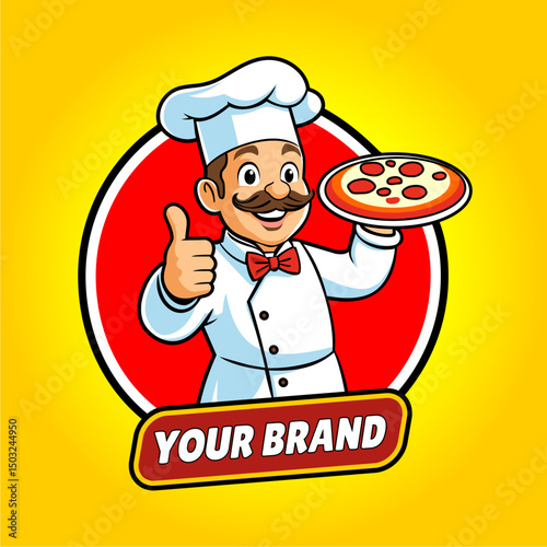 Cartoon Chef Holding Pizza Logo Design