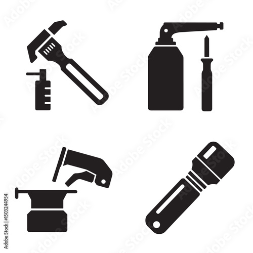 Vector illustration of various tools including hammer blowtorch flashlight and other repair items