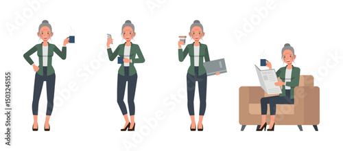 Business woman with white hair tied up wear green shirt character vector illustration design set. Women holding a coffee cup.