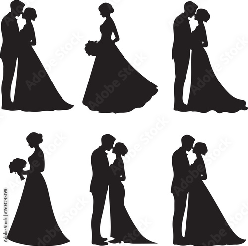 Bride and Groom Wedding Silhouette

Just Married Couple Vector Art

Elegant Wedding Moment Illustration

Romantic Bride & Groom Pose

Classic Wedding Couple Silhouette