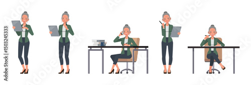 Business woman with white hair tied up wear green shirt character vector illustration design set. Women taking notes.