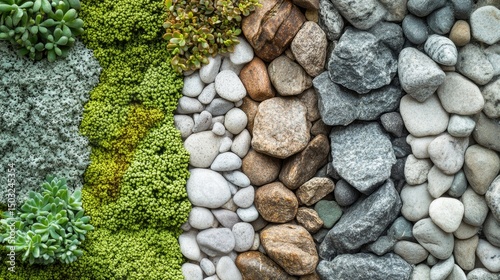 flat lay of pebbles, lichens, and moss in Appalachian trail, earthy textures in green, gray, and brown