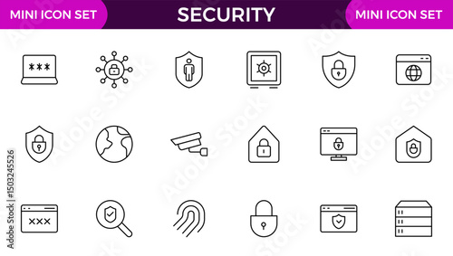 Set of Security web icons in line style. Guard, cyber security, password, smart home, safety, data protection, key, shield, lock, unlock, eye access. Security outline icon set.