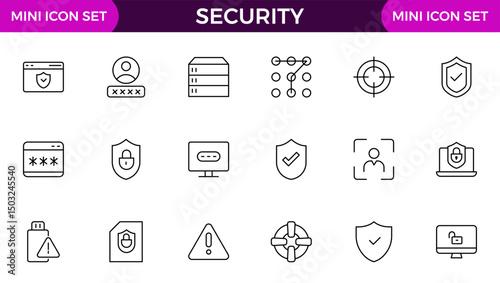 Set of Security web icons in line style. Guard, cyber security, password, smart home, safety, data protection, key, shield, lock, unlock, eye access. Security outline icon set.