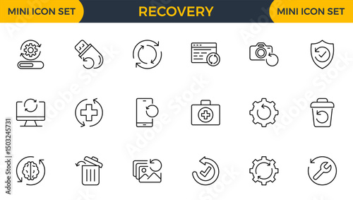 Set of outline icons related to recovery. Linear icon collection. Editable stroke. Vector illustration