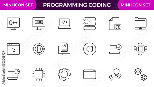 set of Programming coding web icons in line style. Software development icons for web and mobile app. Code, api, programmer, developer, information technology, coder and more.