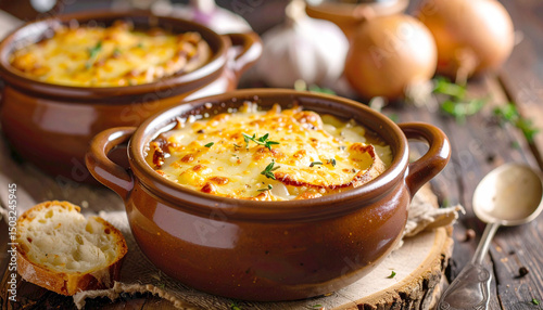 Cheesy French onion soup served rustic style.