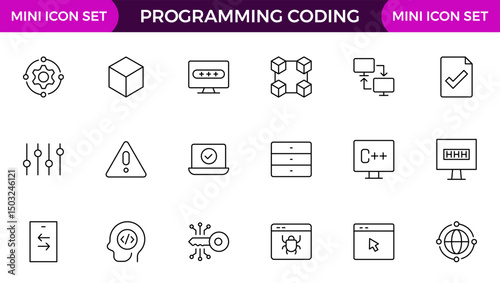 set of Programming coding web icons in line style. Software development icons for web and mobile app. Code, api, programmer, developer, information technology, coder and more.