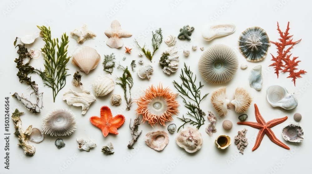 Fototapeta premium flat lay of tide pool life in Oregon coast, sea anemones, kelp, and starfish