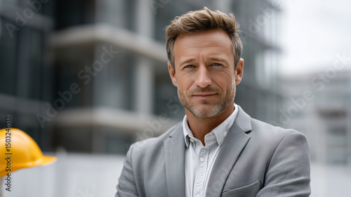 Male businessperson standing with a helmet in front of a building, confident and professional, construction business, urban professional, project management, leadership.