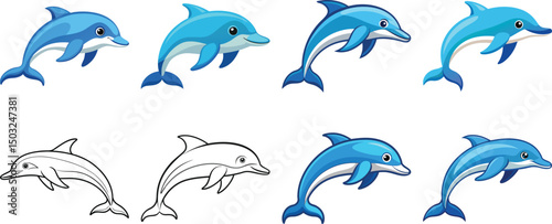 set of jumping dolphins isolated on white background
