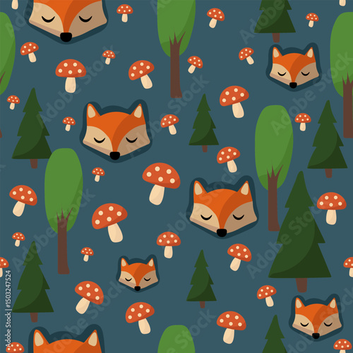 Seamless Forest Fox Pattern on Navy Blue