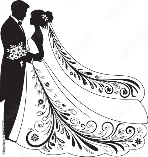 Bride and Groom Wedding Silhouette

Just Married Couple Vector Art

Elegant Wedding Moment Illustration

Romantic Bride & Groom Pose

Classic Wedding Couple Silhouette