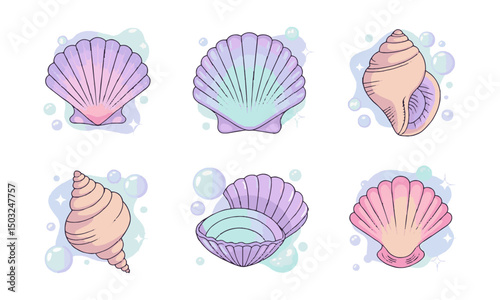 Design a set of magical pastel seashell illustrations in a modern vector style, easily editable and scalable