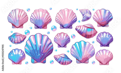 Design a set of magical pastel seashell illustrations in a modern vector style, easily editable and scalable