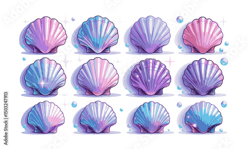 Design a set of magical pastel seashell illustrations in a modern vector style, easily editable and scalable