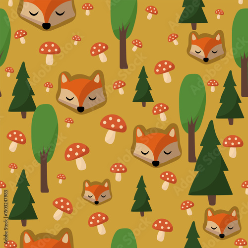 Mustard Yellow Forest with Cute Foxes